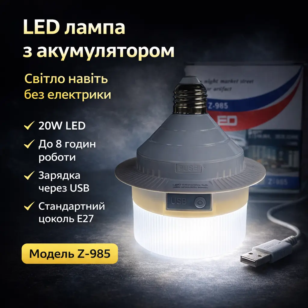 Світлодіодна LED лампа Z-985 20W з акумулятором, USB-заряджання, цоколь E27, до 8 год автономної роботи, білий корпус