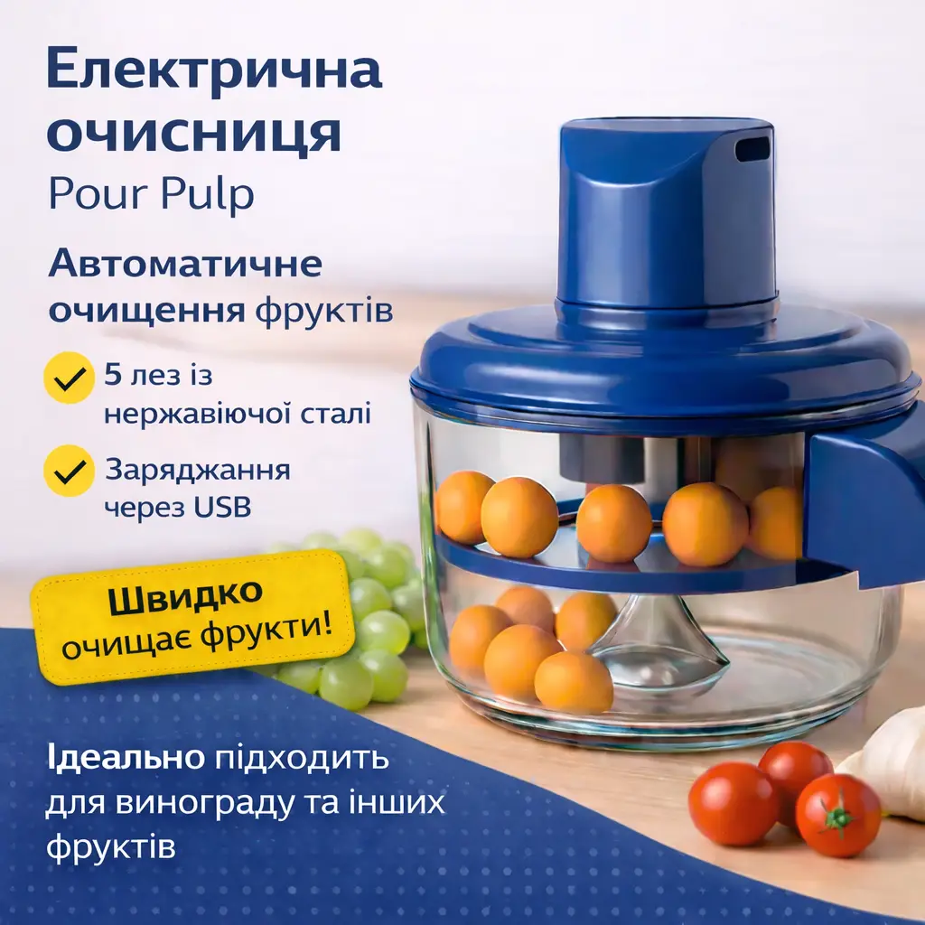 Машинка для очищення винограду і фруктів Pour Pulp, 1 л, USB, 5 лез