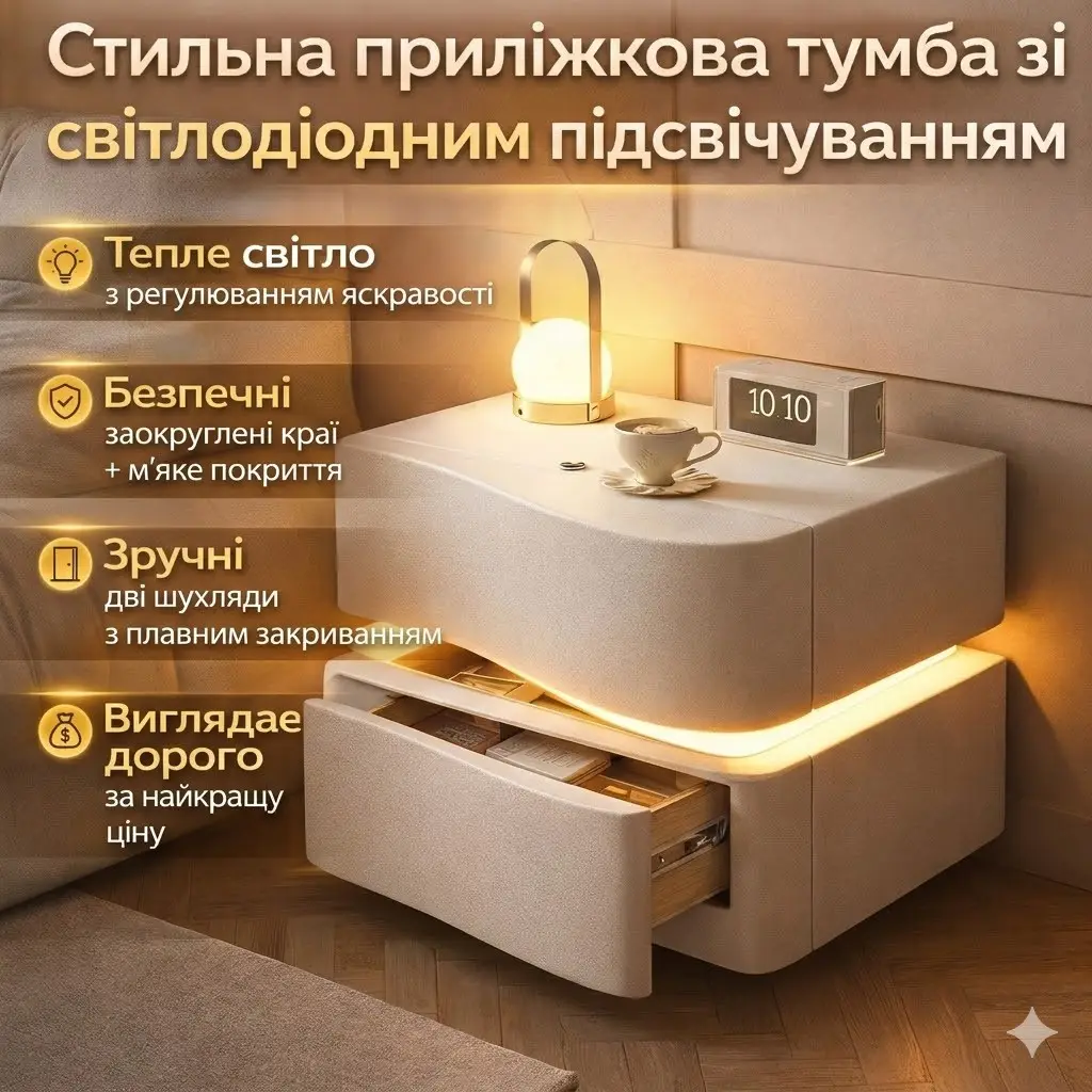 Bedside Table, faux leather, LED light, 2 drawers