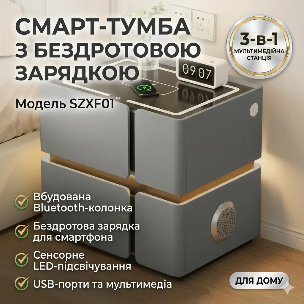 Smart Bedside Table SZXF01 with Bluetooth Speaker, USB, touch light, 2 drawers, MDF/faux leather, grey