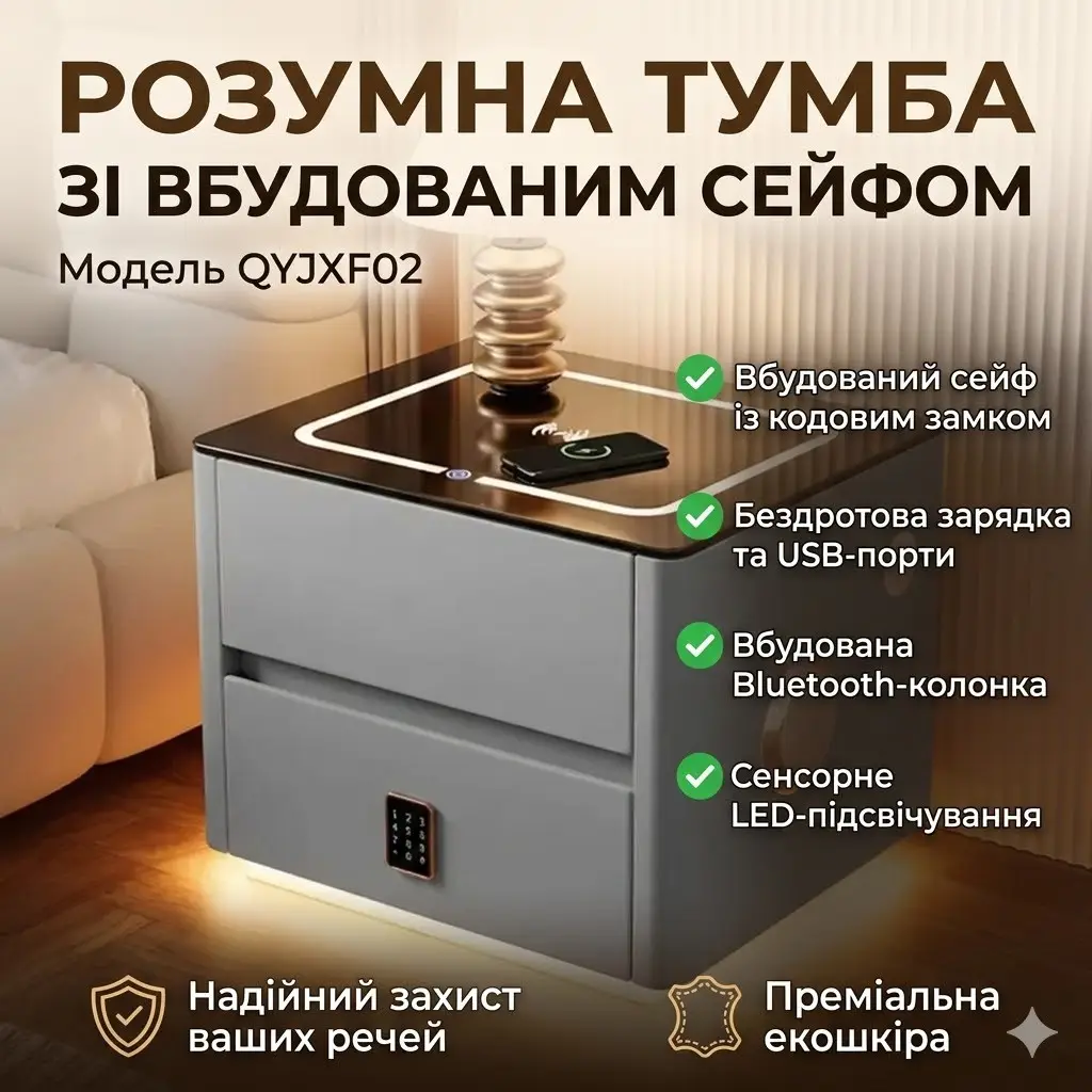 Smart Nightstand QYJXF02 with Code Safe, Bluetooth Speaker, USB and Touch Light, Eco-Leather, Gray