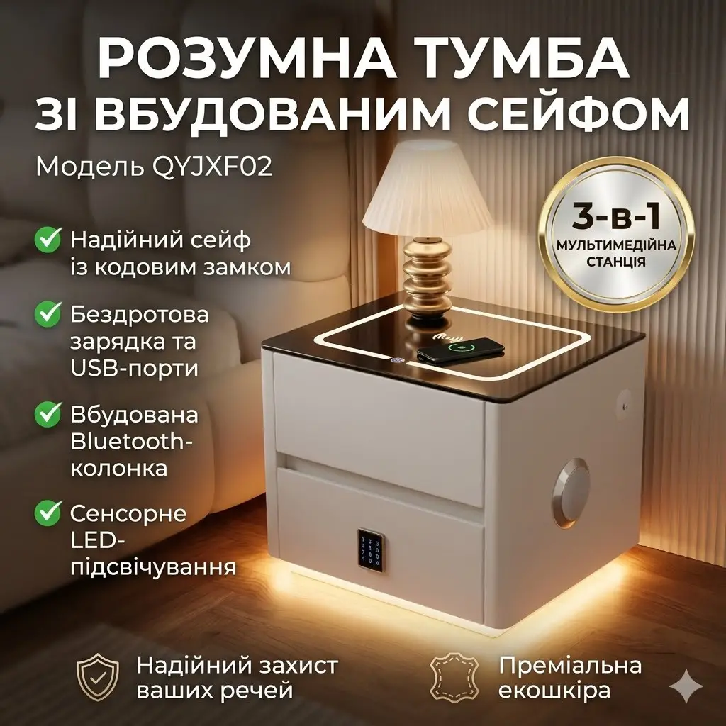 Bedside Table QYJXF02 white, 47x39x48 cm, with wireless charging, code lock and lighting