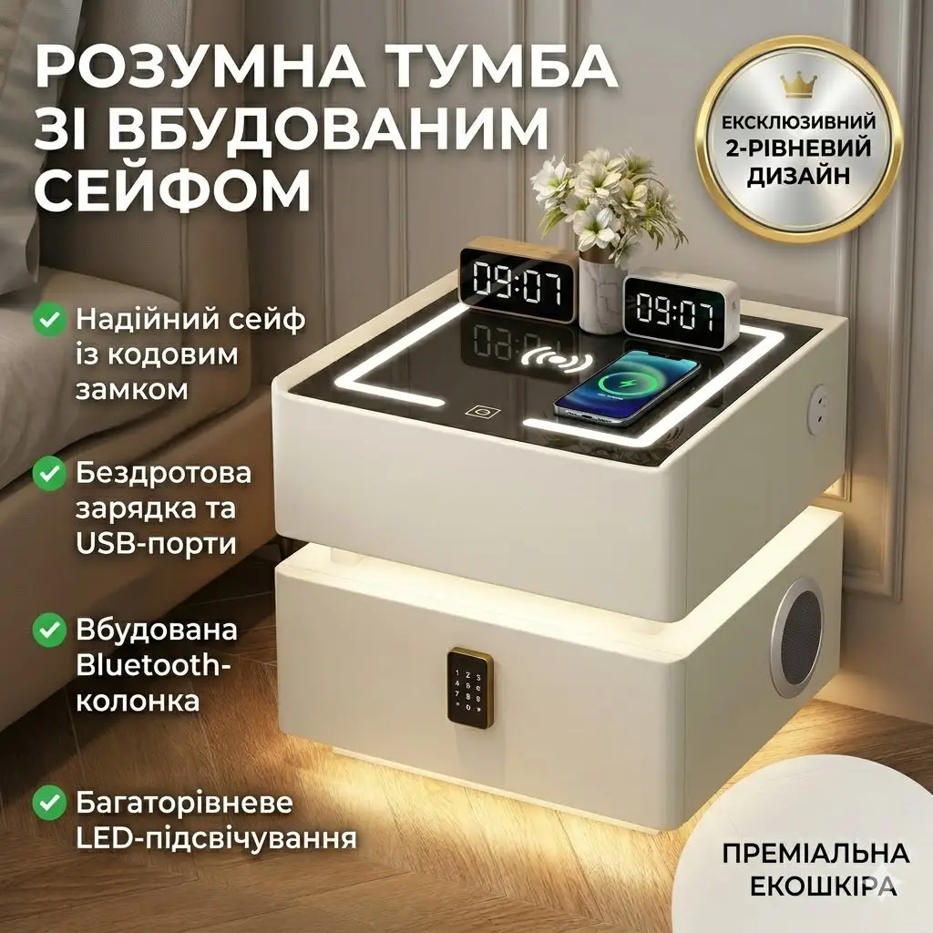 Smart bedside nightstand XF01 with built-in safe, wireless charging and Bluetooth, white eco-leather/glass