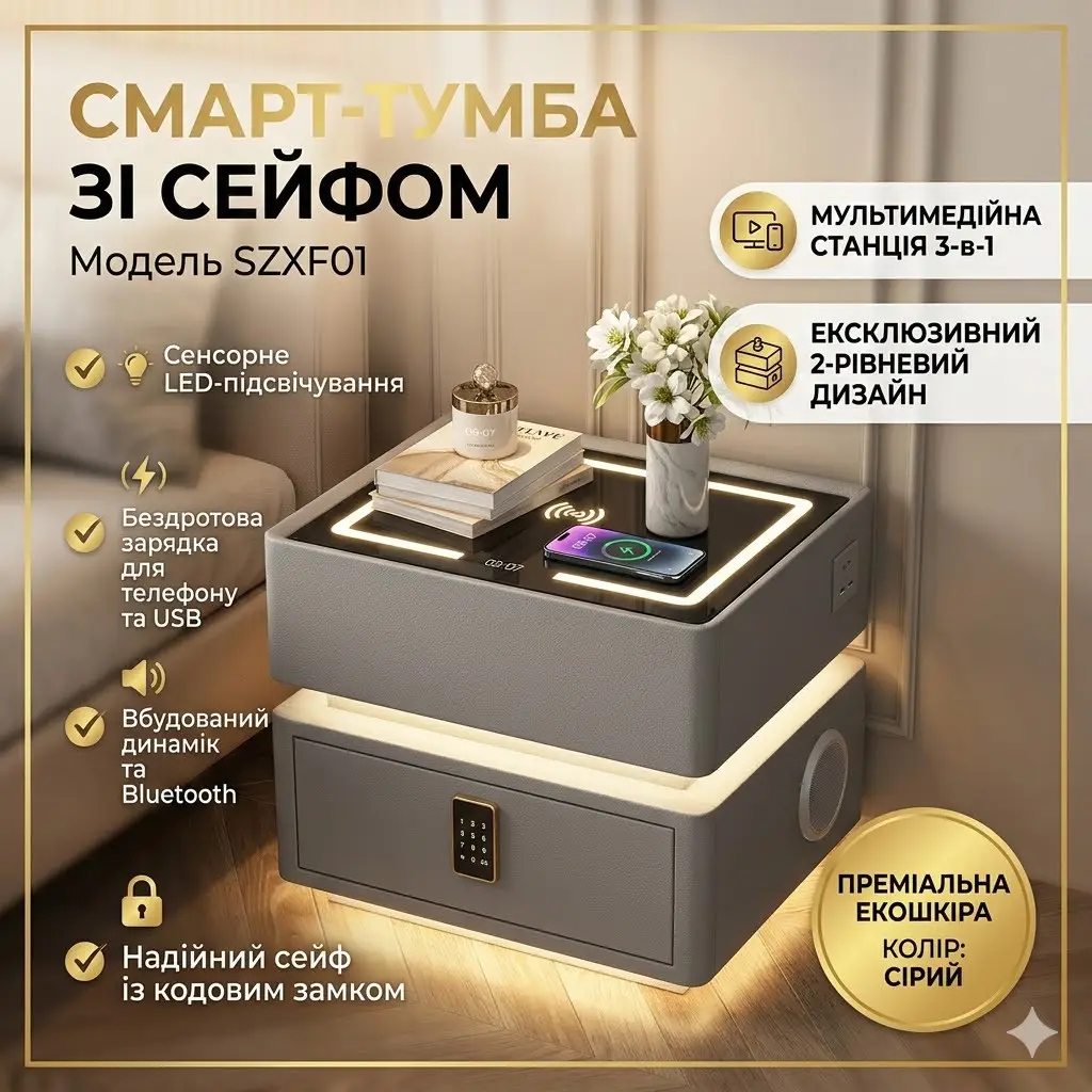 Смарт-тумба YJXF01 Grey з сейфом, LED-підсвіткою і USB-портами (сіра екошкіра / закалене скло)