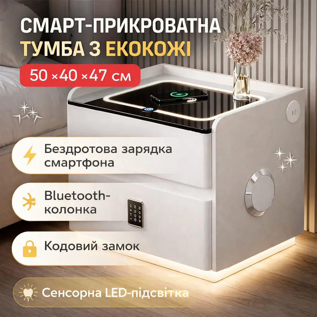Смарт-тумба YJXF01 White з вбудованим сейфом, безпровідним заряджанням і Bluetooth-колонкою, біла екошкіра