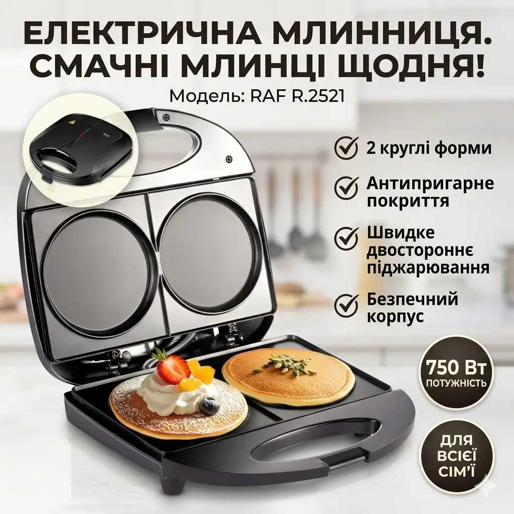 Електрична млинниця RAF R.2521 на 2 круглі форми, антипригарне покриття, 750W