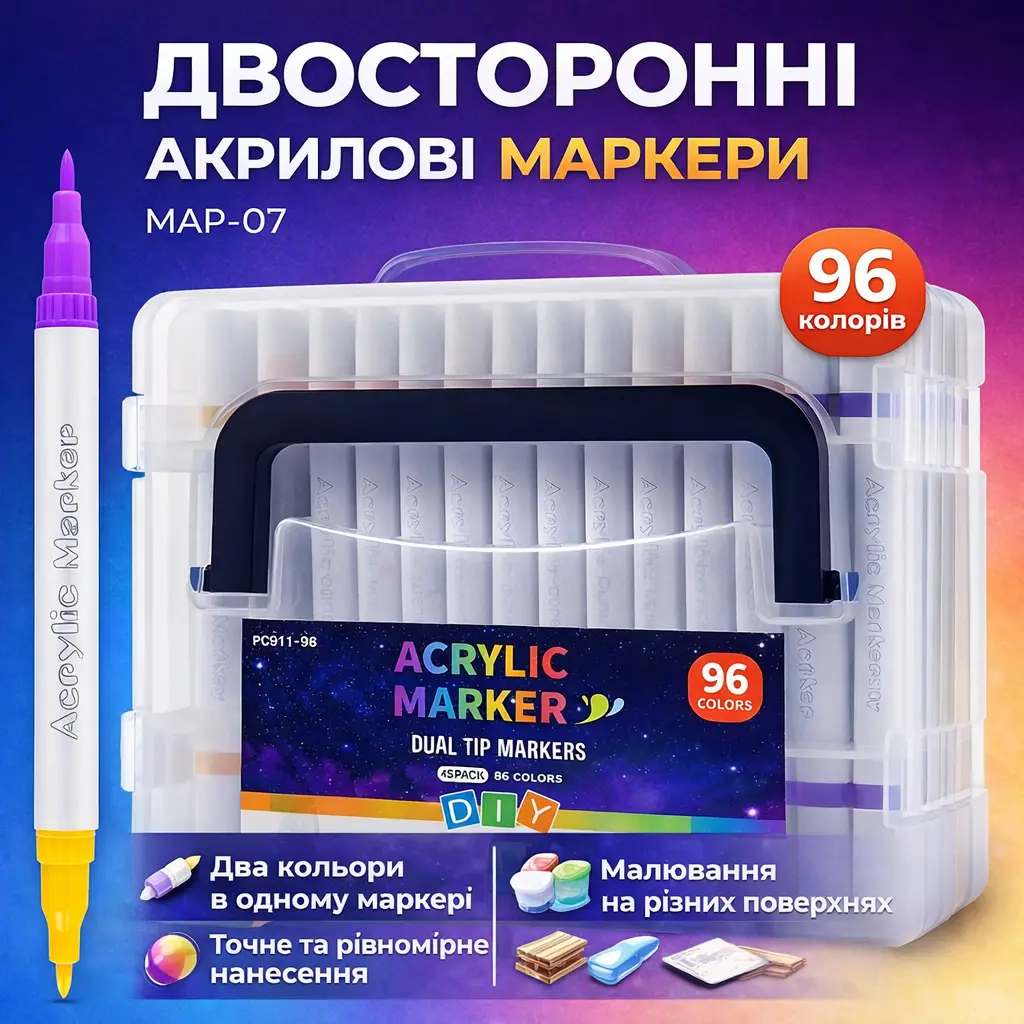 Double-sided acrylic markers MAP-07, 96 colors (48 pcs), bullet tip, in case