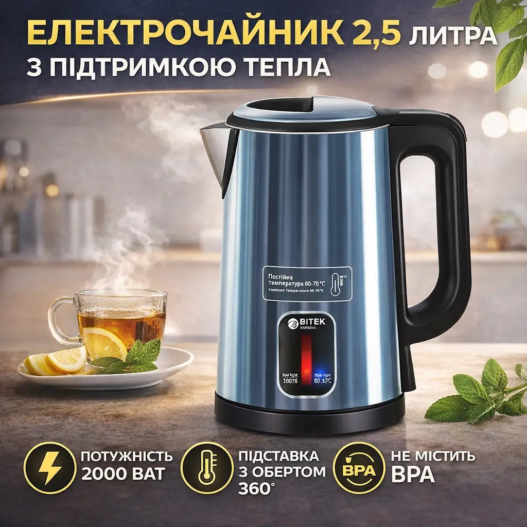 Електрочайник дисковий на 2,5 л, 2000 Вт, BITEK BT-7916B, з підтриманням теплового режиму