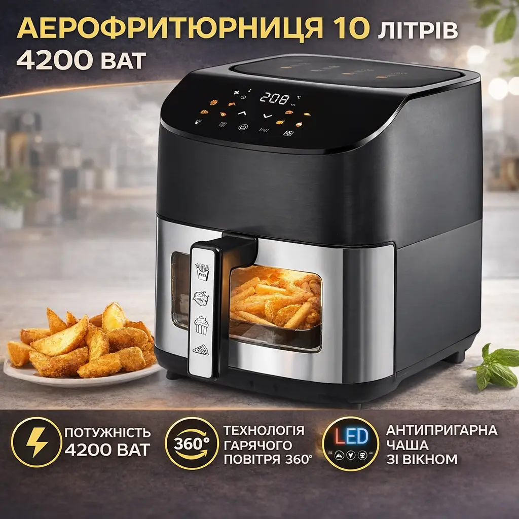 Аэрофритюрница BITEK BT-9501, 10 л, 4200 Вт, 6 программ, антипригарная чаша