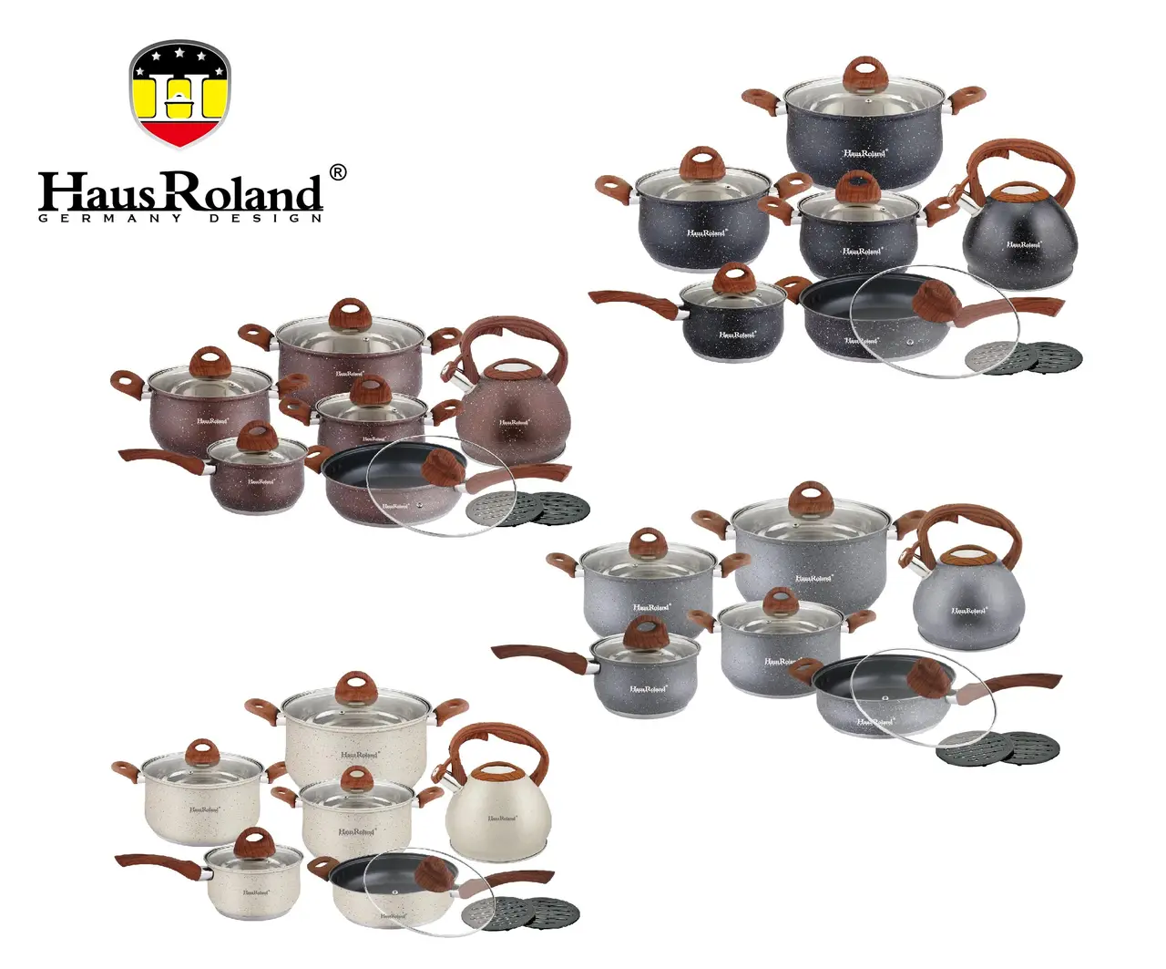 Набір посуду Haus Roland HR120-1, 14 предметів, нержавіюча сталь: каструлі 2,6/3,6/6,1 л, ківш 1,9 л, сковорода 2,9 л, чайник