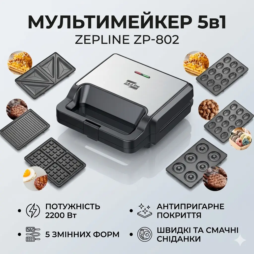 Multi-Maker 6-in-1 Zepline ZP-812, 2200W - waffle, grill, walnut cookie, sandwich, donut, patty maker