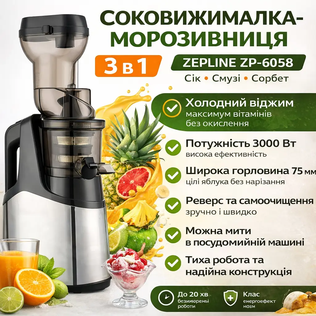 Соковижималка-морожениця 3 в 1 Zepline ZP-6058, 3000 Вт: холодне віджимання, смузі, сорбет