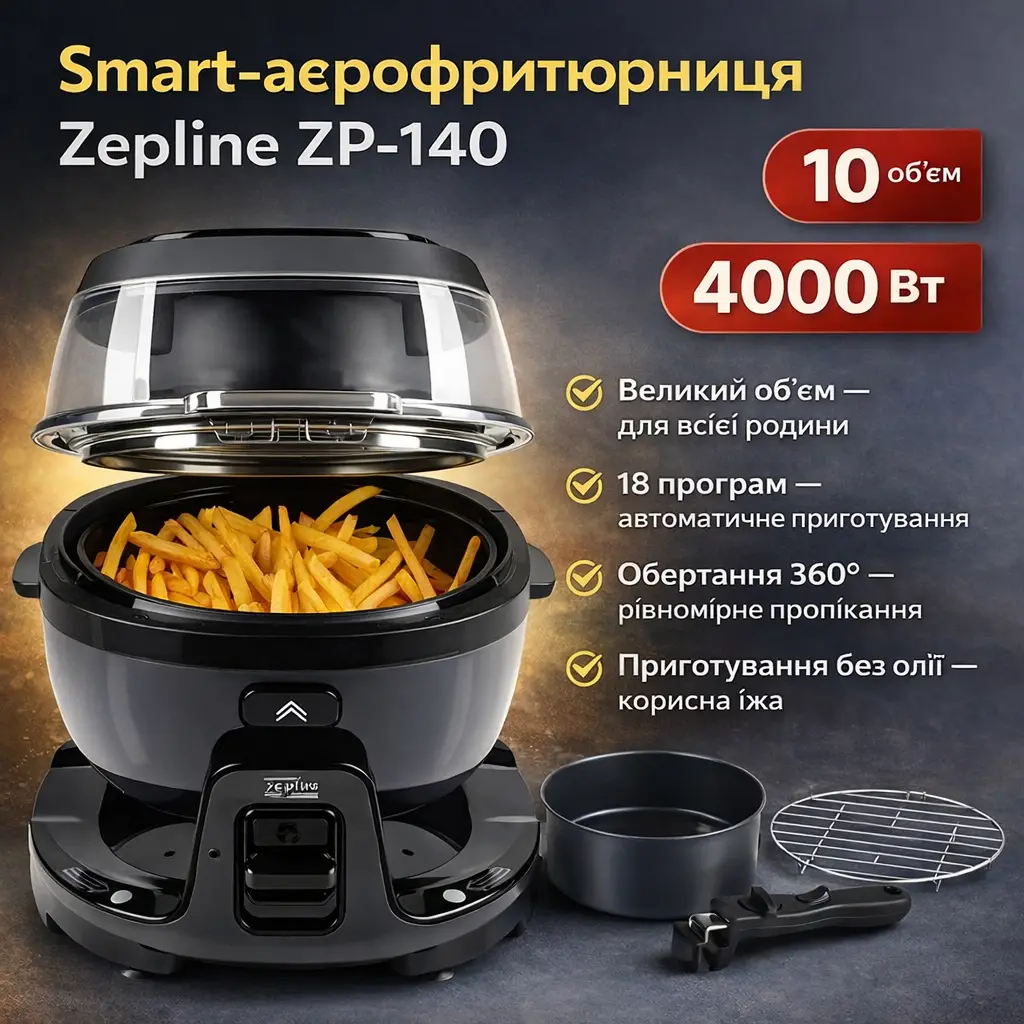Smart-аерогриль Zepline ZP-140, аерофритюрниця 10 л, 4000 Вт, 18 програм, сенсорне керування, сірий