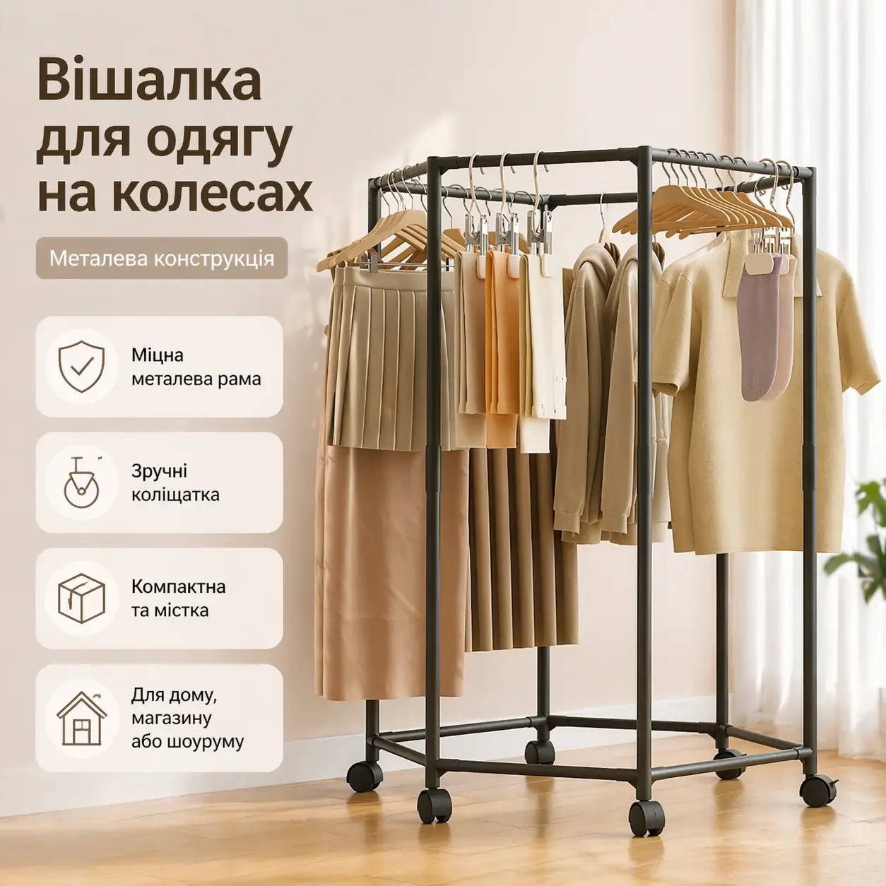 Metal Rolling Clothes Rack, Round Floor Stand, 120 cm