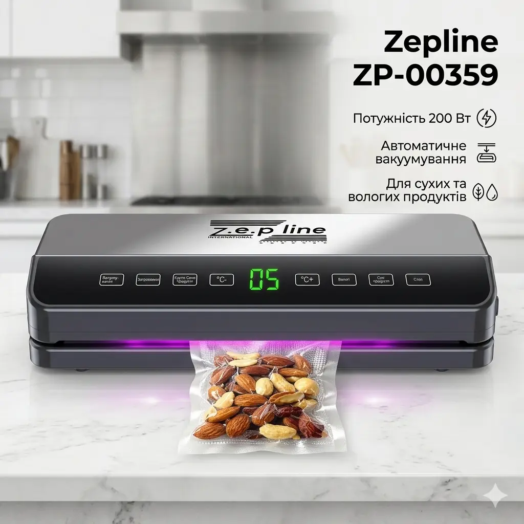 Вакуумный упаковщик для пищевых продуктов Zepline ZP-00359, 200 Вт, с LED дисплеем, + 20 пакетов