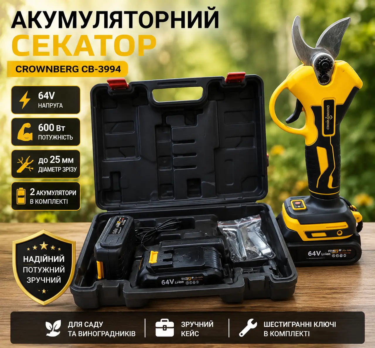 Секатор-тример для гілок акумуляторний Crownberg CB-3994, 600 Вт, 64V, у кейсі