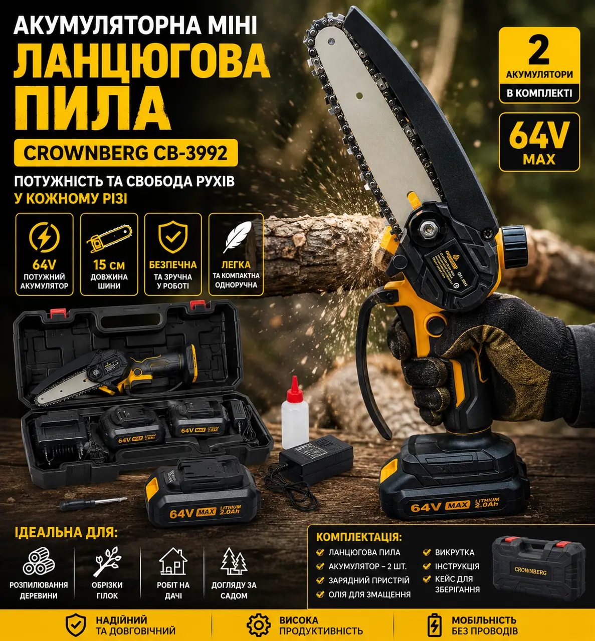 Ланцюгова пила акумуляторна міні Crownberg CB-3992, шина 15 см, 2 акумулятори, у кейсі, 64В