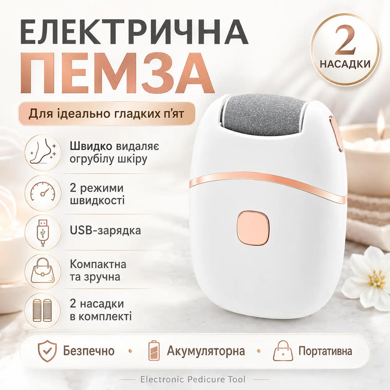 Електропемза USB з 2 шліфувальними насадками, акумуляторна, білий