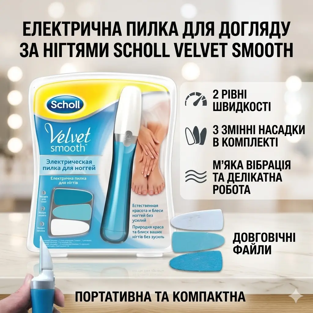 Електрична пилка для нігтів Scholl Velvet Smooth зі змінними насадками