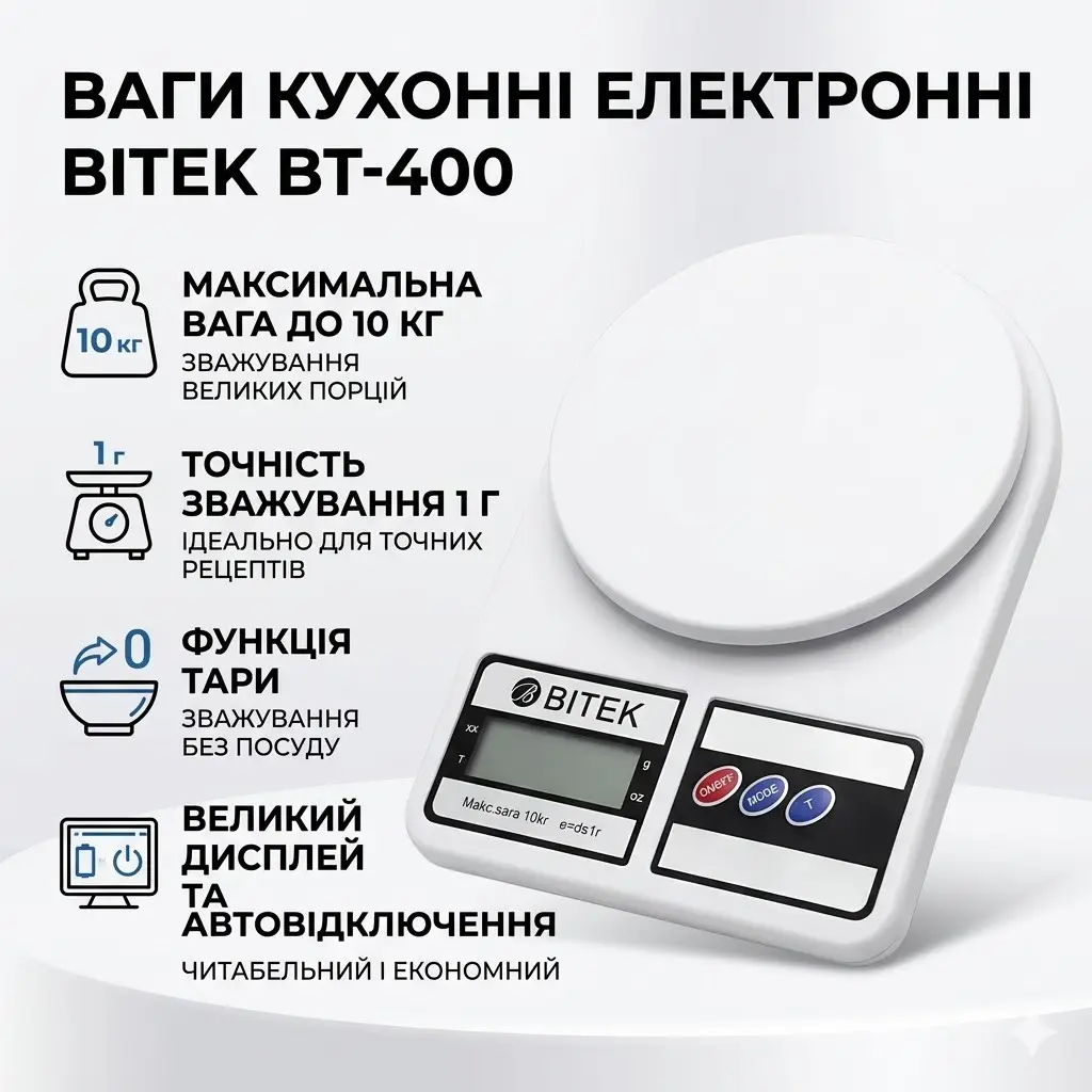Electronic Kitchen Scale with Platform, 1g-10kg, BITEK BT-400, White