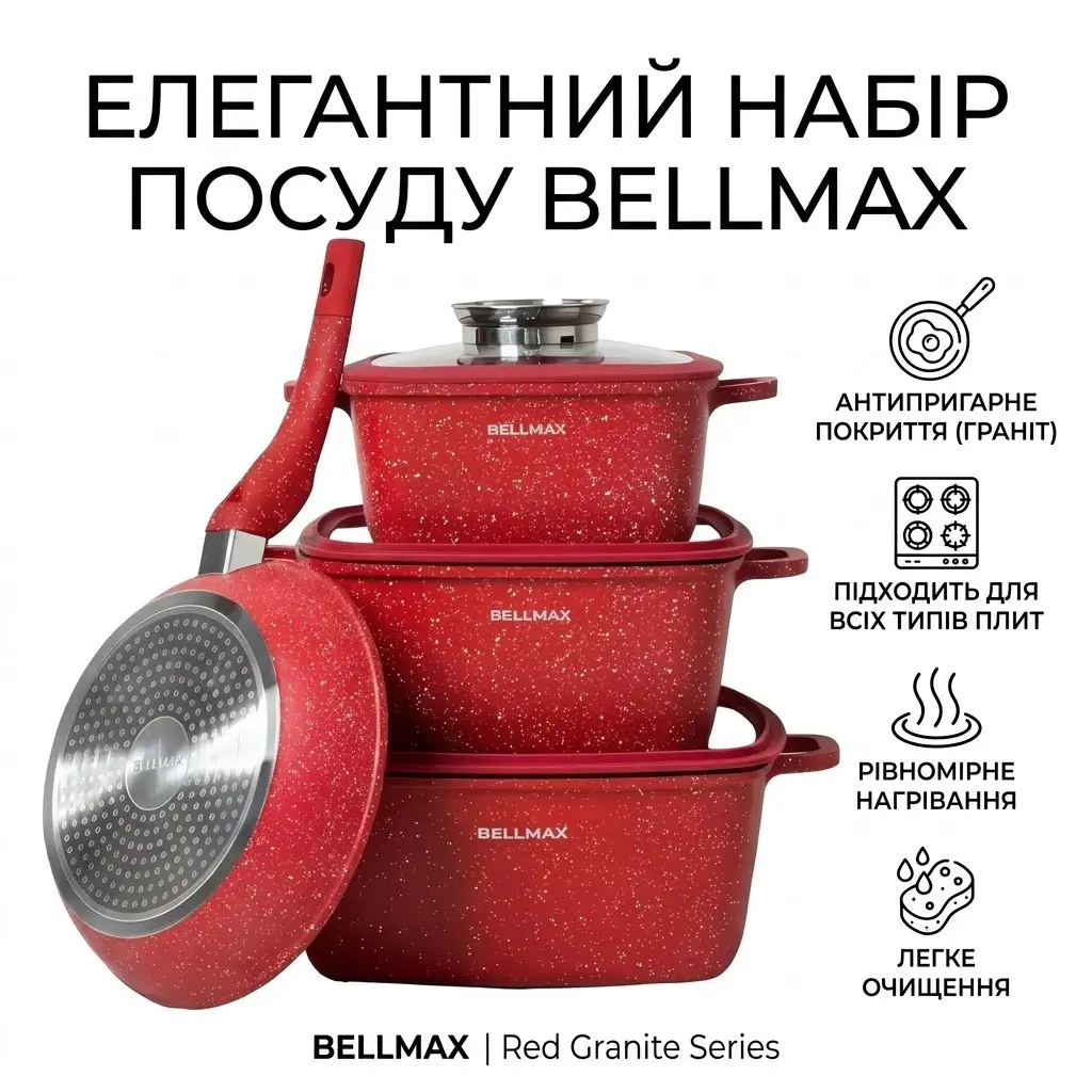 Cookware set with granite non-stick coating, 9 pieces, Bellmax BM-132, red
