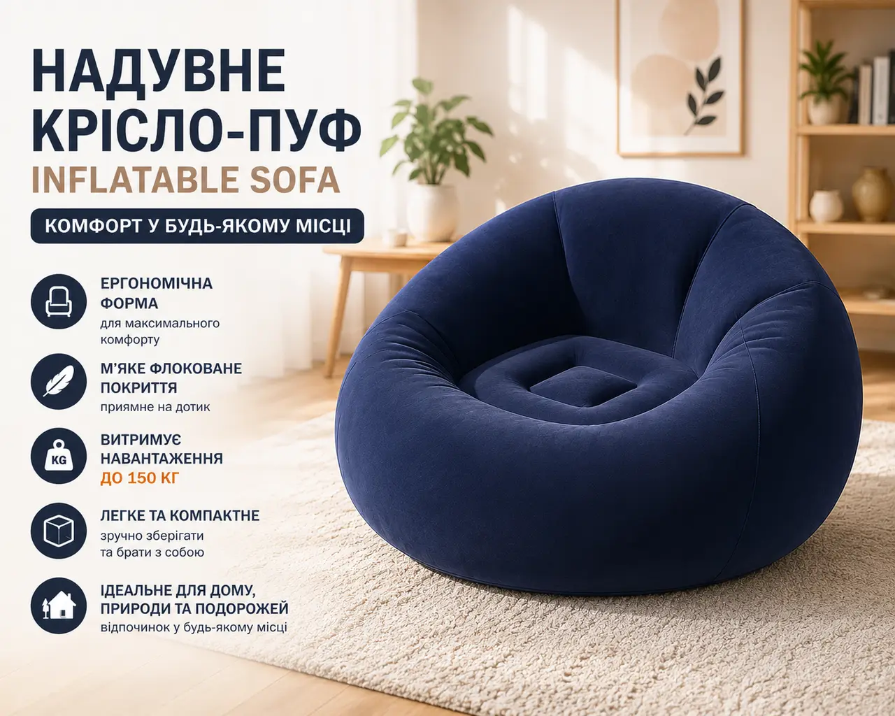 Inflatable bean bag chair 110×110×85 cm, dark blue