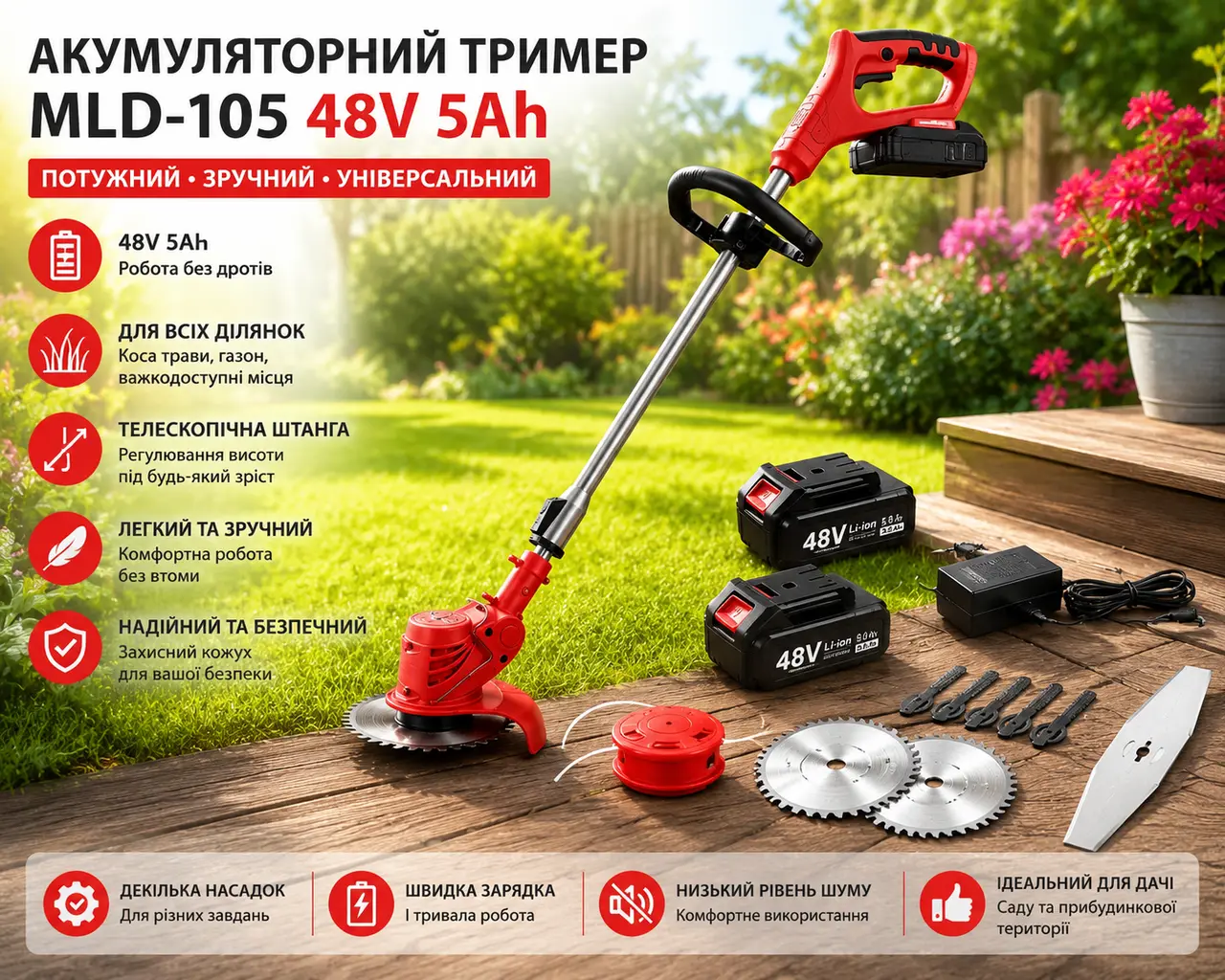 MLD-105 cordless grass trimmer, 48V 5Ah, 2 batteries