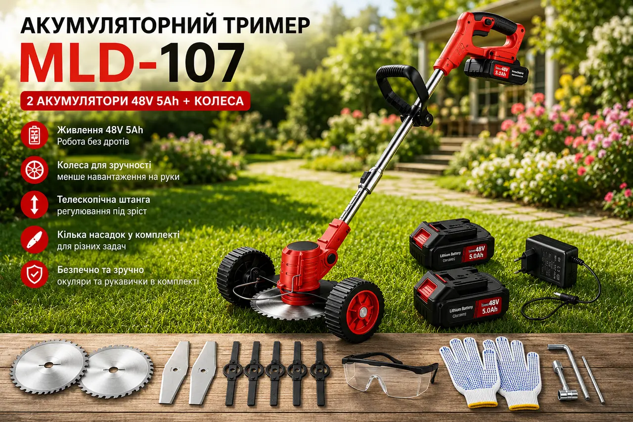 MLD-107 cordless grass trimmer, 48V 5000mAh, 2 batteries + wheels