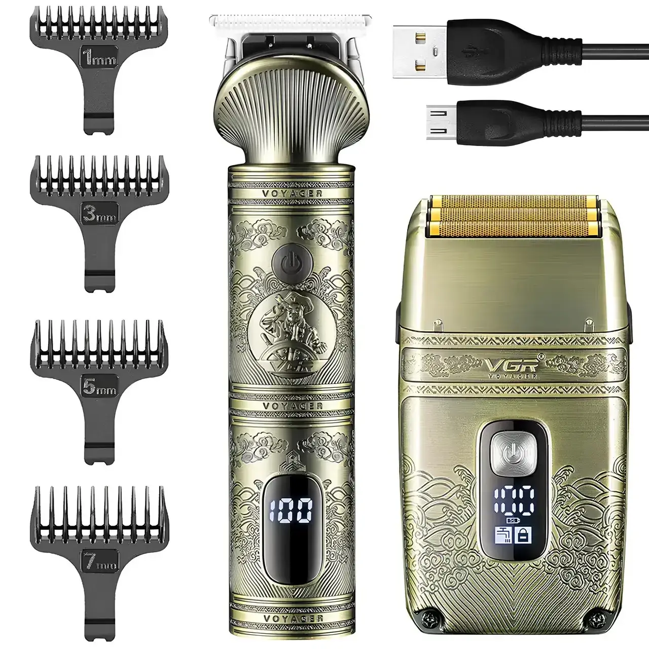 Машинка для стрижки волосся та борід VGR V-649, золотиста, 4 насадки, USB