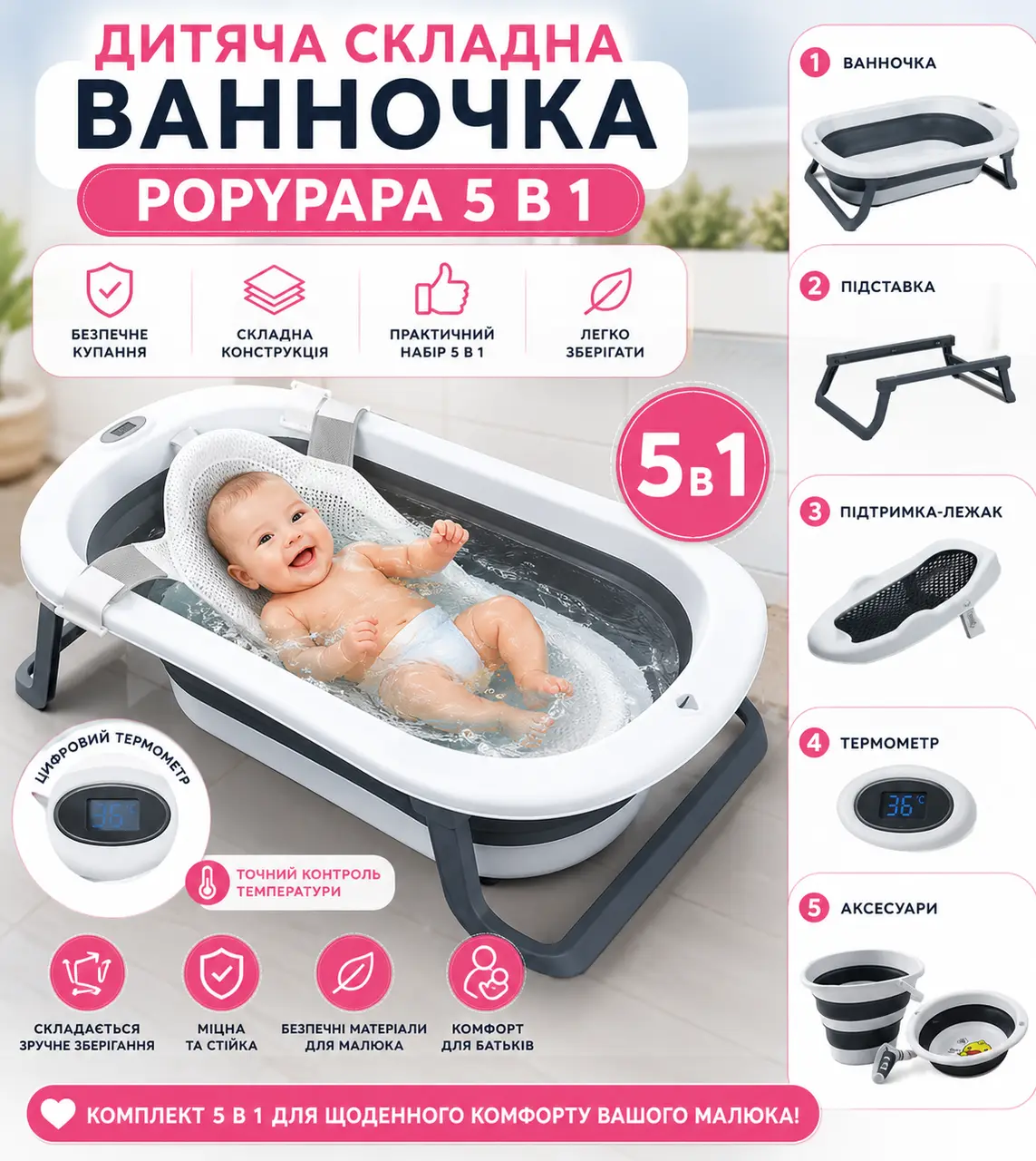 Дитячий набір для купання PopyPapa Baby 5-в-1, складана ванночка зі стійкою, сидіння для новонароджених