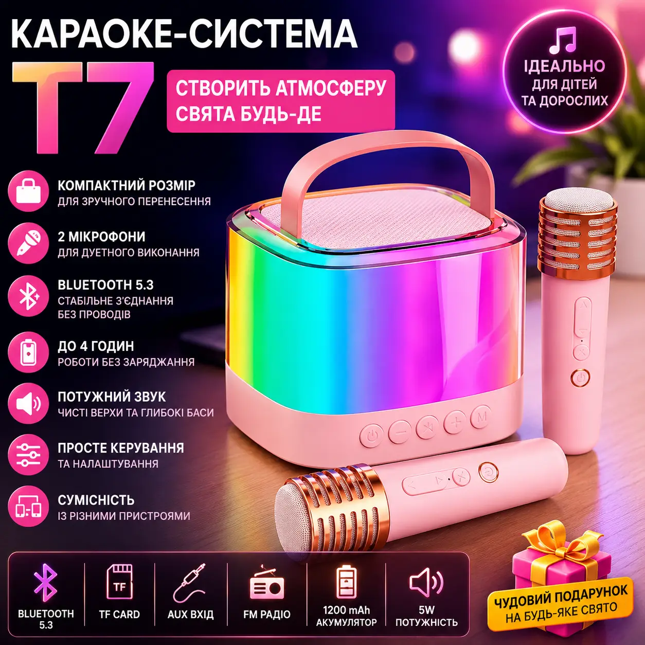 Портативна колонка-караоке T7 + 2 мікрофони, Bluetooth, USB, TF, AUX, рожева