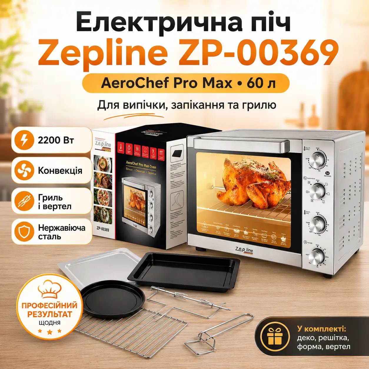 Электрическая духовка Zepline ZP-00369, 60 л, 2200 Вт, конвекция и гриль, нержавеющая сталь