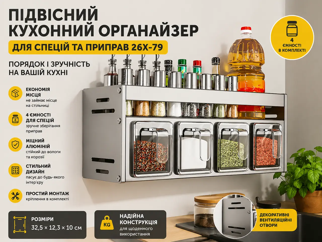Hanging Kitchen Spice Organizer 26X-79 Wall-Mounted Spice and Seasoning Rack 26X-79 with 4 Containers for Kitchen
