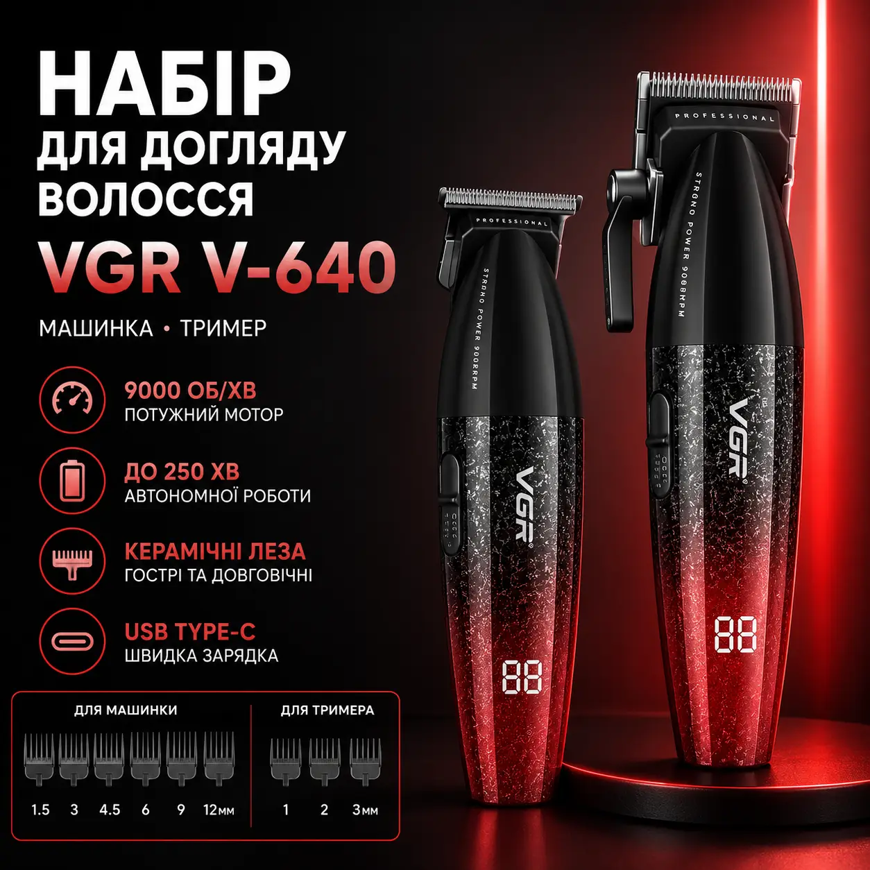 Професійний набір для стрижки волосся 2 в 1 VGR V-640 S2 машинка для стрижки і тример зі змінними насадками Red