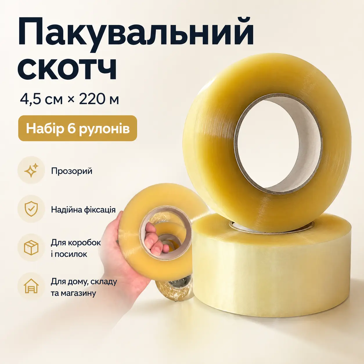 Упаковувальний прозорий скотч 4,5 см × 220 м, набір 6 рулонів