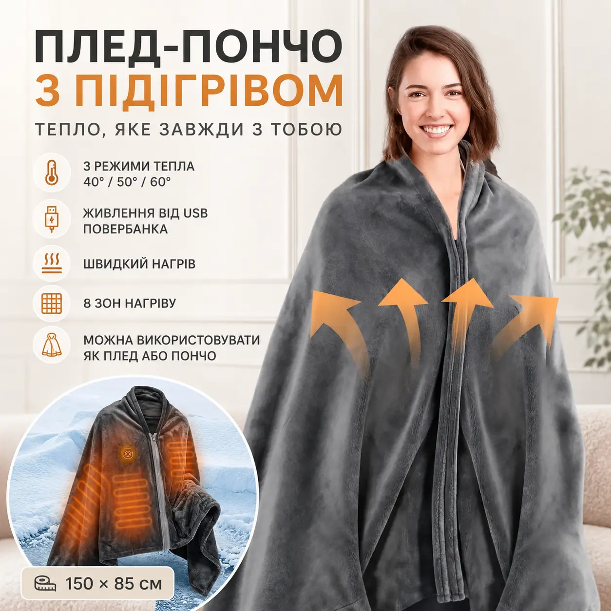 Heated blanket 150x85cm (3 modes), 40-60°C, LY-751, USB-powered, Gray / Electric blanket / Heated blanket