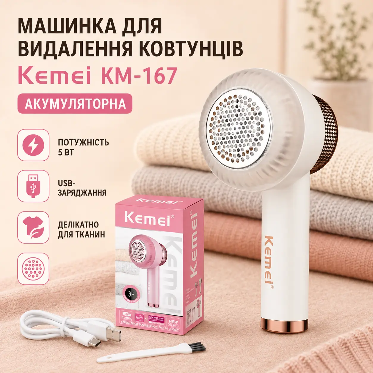 Cordless Fabric Shaver, 5W, Kemei KM-167, Beige / Trimmer for Removing Lint
