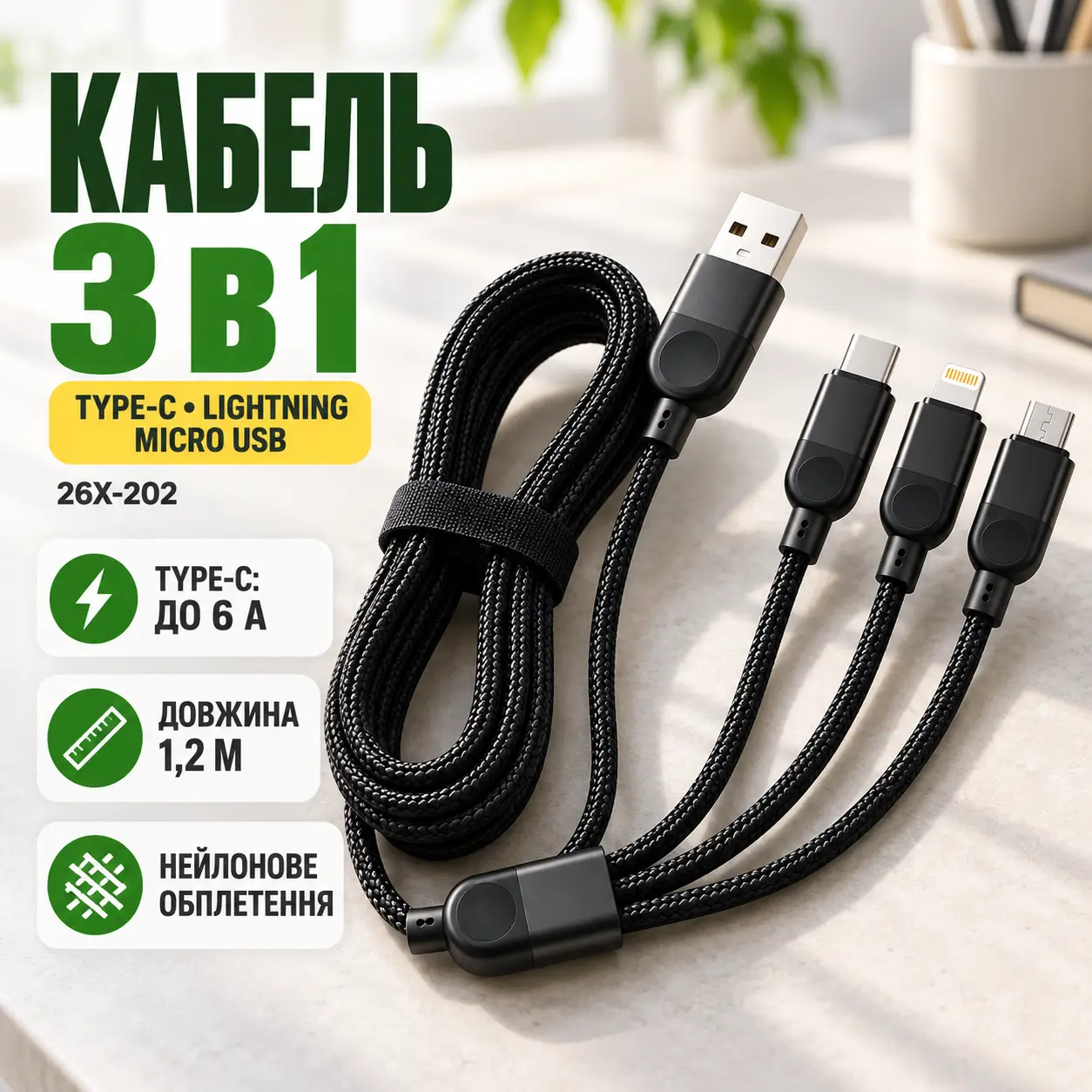 Кабель 3 в 1 для зарядки USB с разъемами Type-C, Lightning и Micro USB / Кабель быстрая зарядка до 6A 26X-202