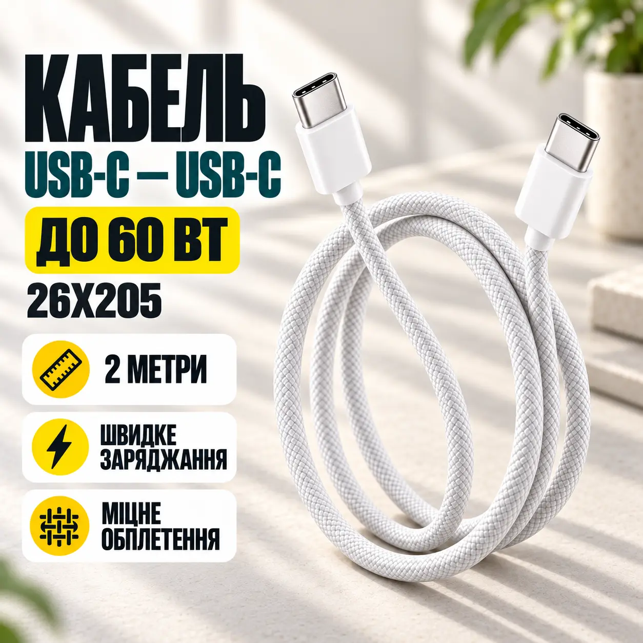 Кабель USB-C - USB-C 60W / Кабель 2 метра, для быстрой зарядки 26X205