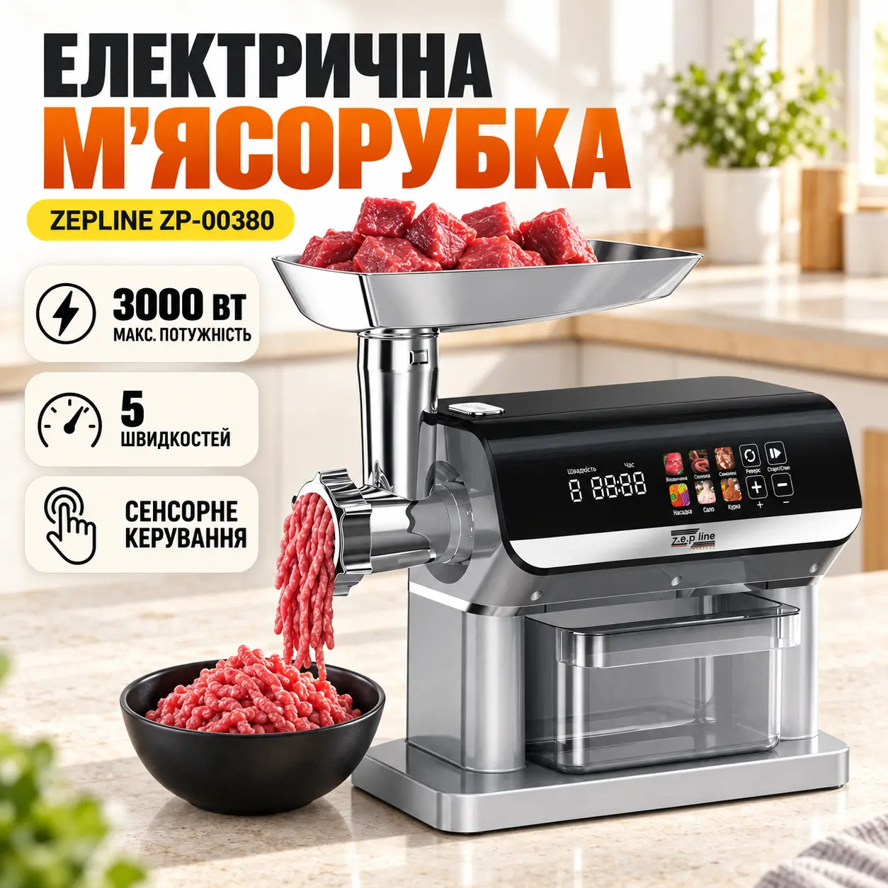Мощная мясорубка с сенсорным управлением 3000Вт Соковыжималка шинковка, насадка для колбасы и фарша Zepline ZP-00380