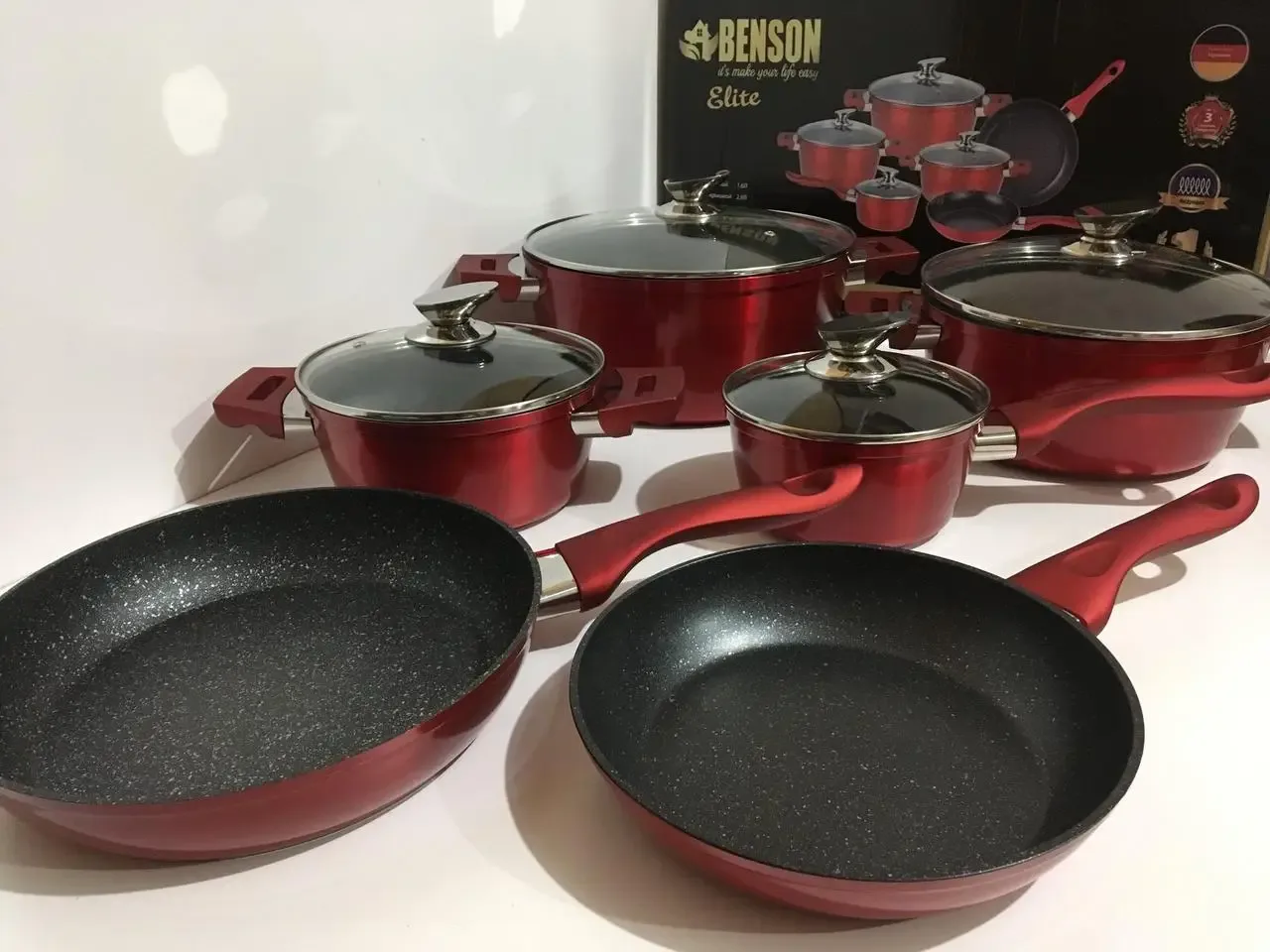 Набір каструль Benson BN-335 та 2 сковороди, 1,8/2,8/5,1/6,5 л, 24/28 см