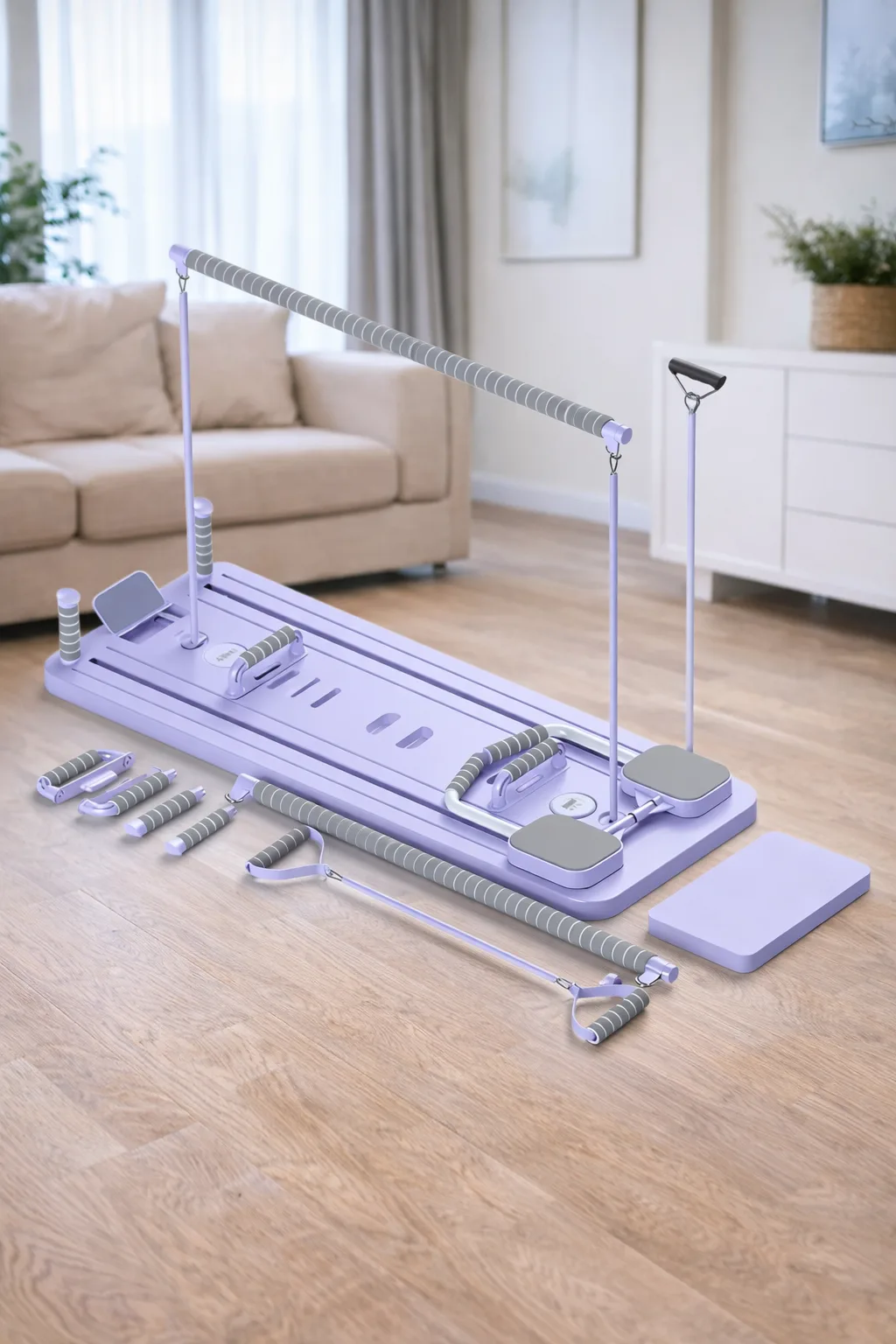 Pilates Reformer trainer MM3000 for abs/legs/squats, with resistance bands, purple