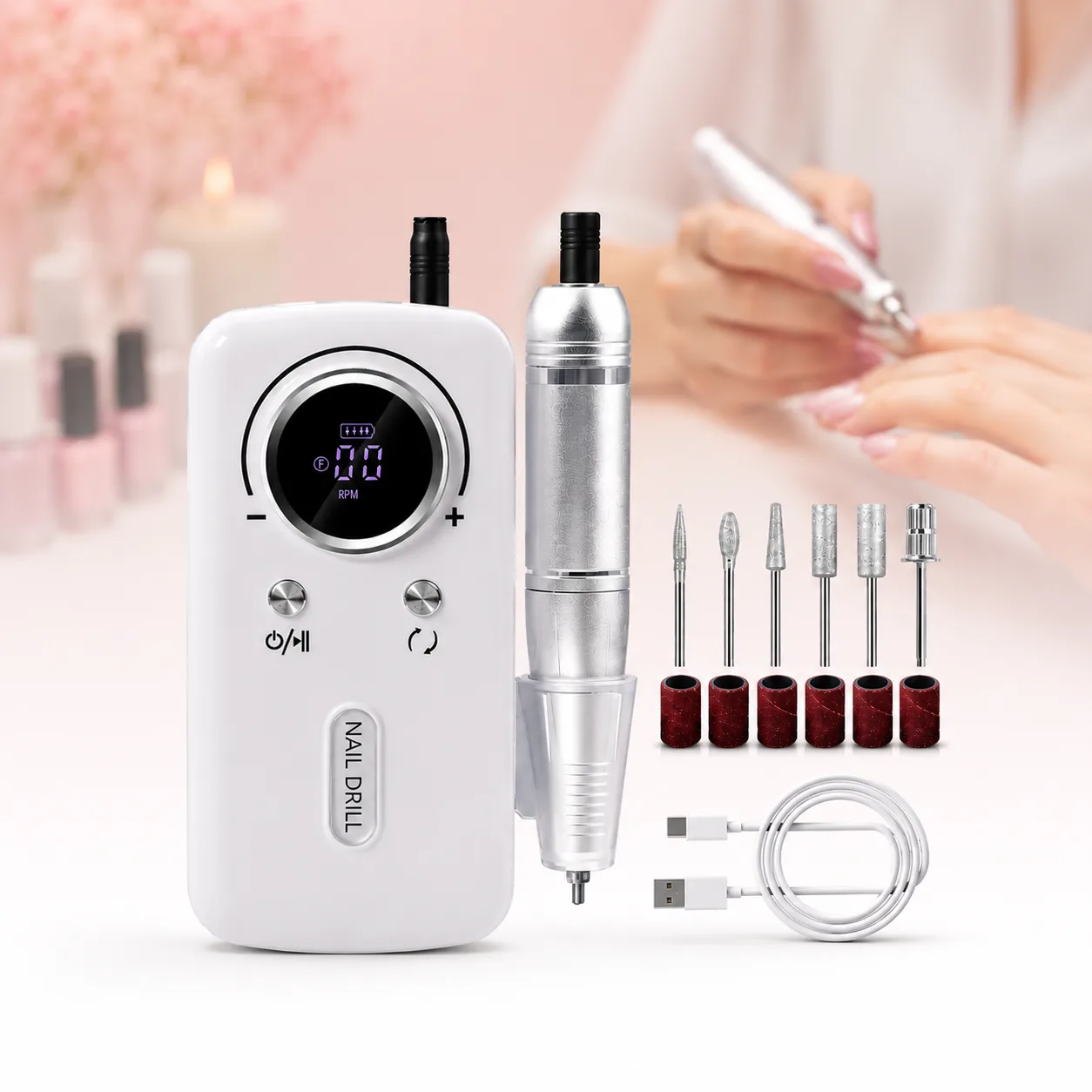 Фрезер для манікюру та педикюру Nail Polisher Machine, акумуляторний 6в1 45000 об/хв
