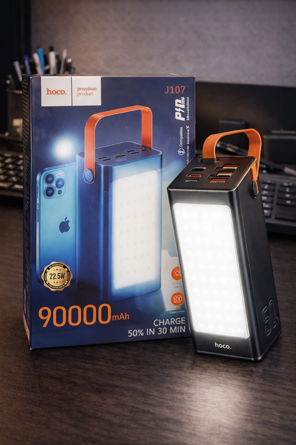 Повербанк з ліхтарем Hoco J107 Super 90000mAh 333Wh 22.5W PD20W, 4xUSB/Type-C/MicroUSB