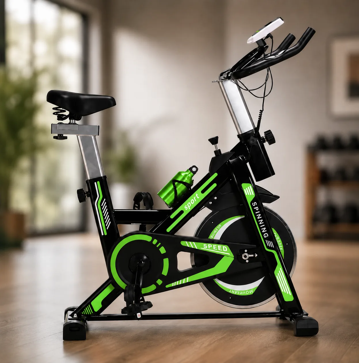 Велотренажер Everfit Spin Bike 118 зелений, з маховиком, підсклянником та ЖК-дисплеєм