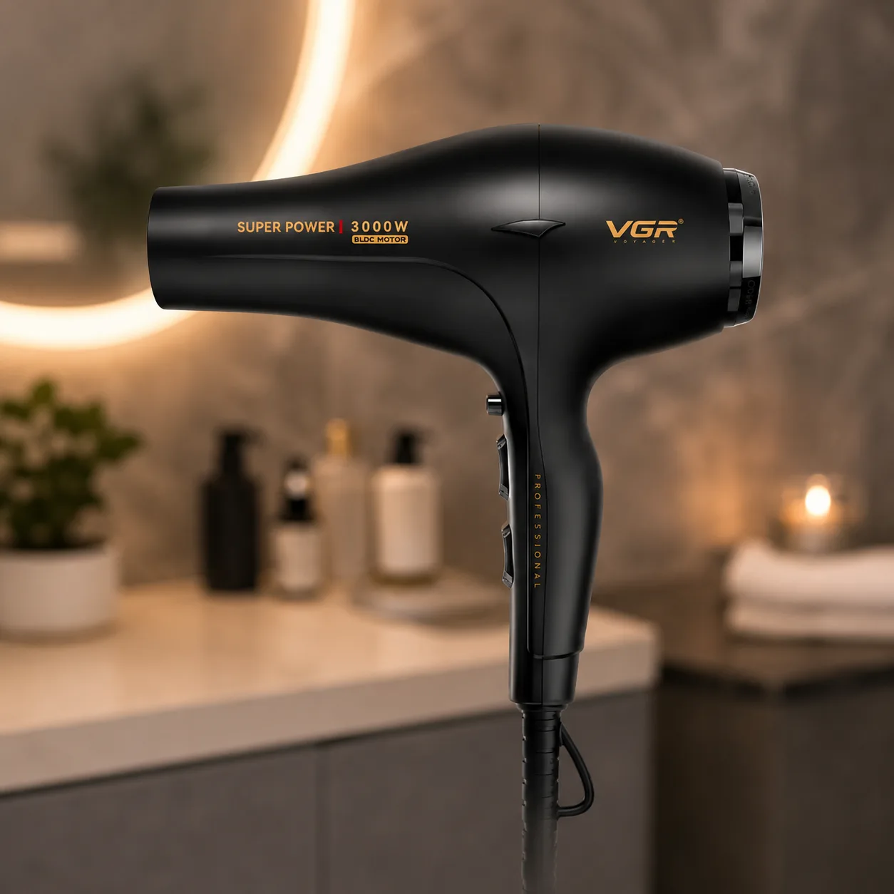Фен VGR V 406 Black професійний 2 насадки, 3000 Вт, 3 рівні обдування, 3 рівні температури