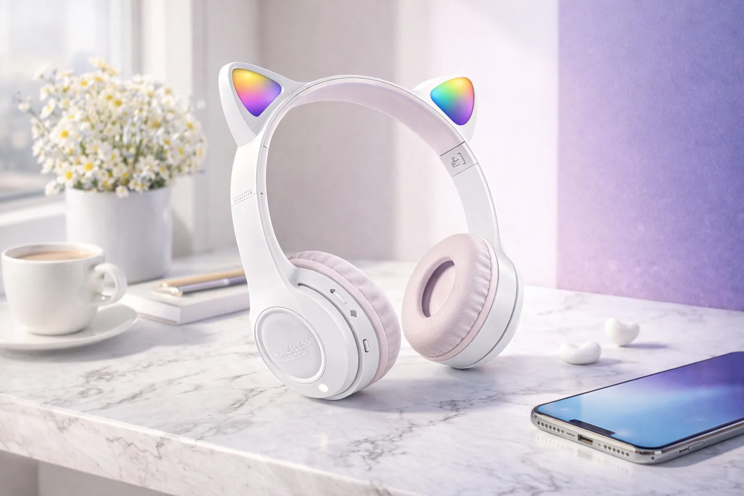 Навушники бездротові з котячими вушками та LED підсвічуванням Cat Ear Y47, Bluetooth з мікрофоном, білі