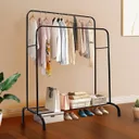 Фото 1 — Двойная стойка-вешалка для одежды с полкой для обуви Double Floor Hanger, чёрная, 110х150х57 см