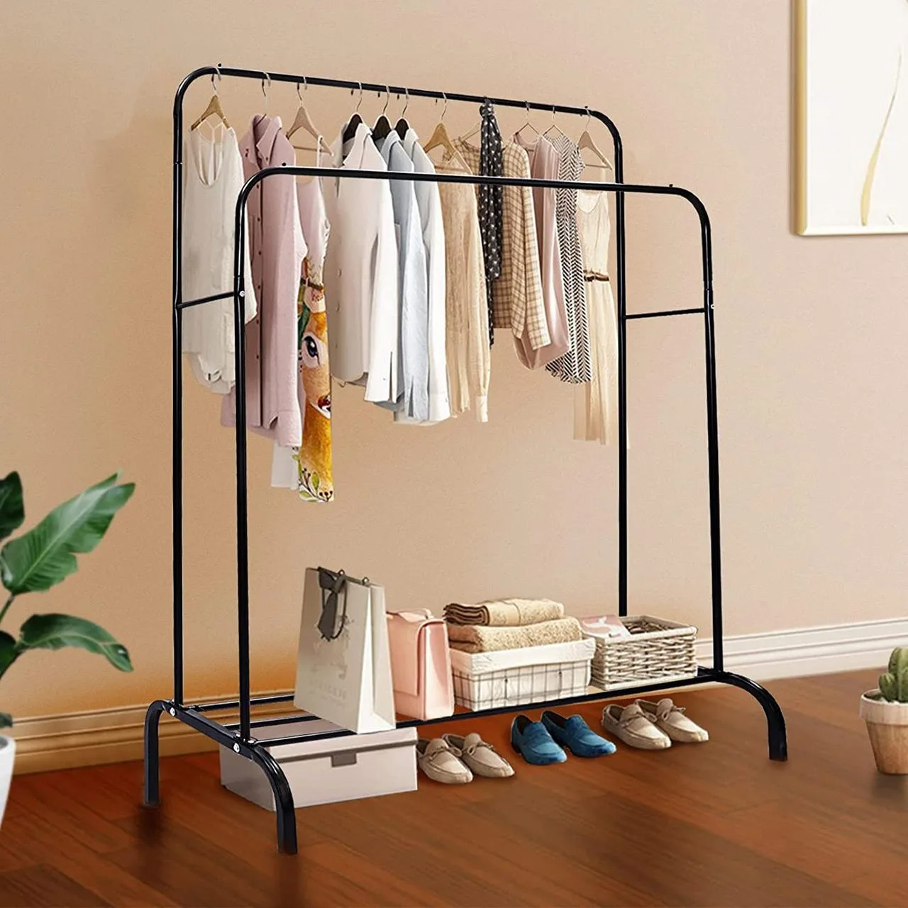 Двойная стойка-вешалка для одежды с полкой для обуви Double Floor Hanger, чёрная, 110х150х57 см