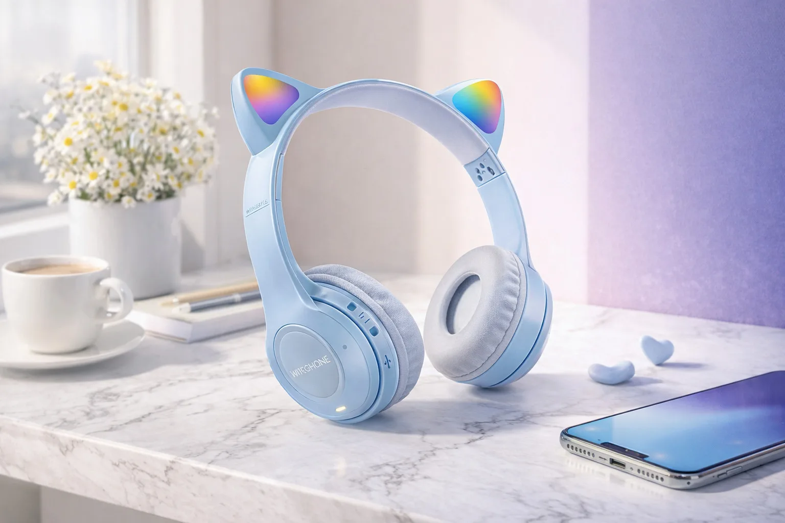 Навушники бездротові Cat Ear Y47, котячі вушки з LED підсвічуванням, мікрофон, блакитний